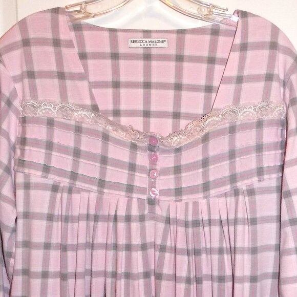 REBECCA MALONE Womens Large Long Cotton Knit Night Gown Pink Gray Plaid Lace - Picture 3 of 7